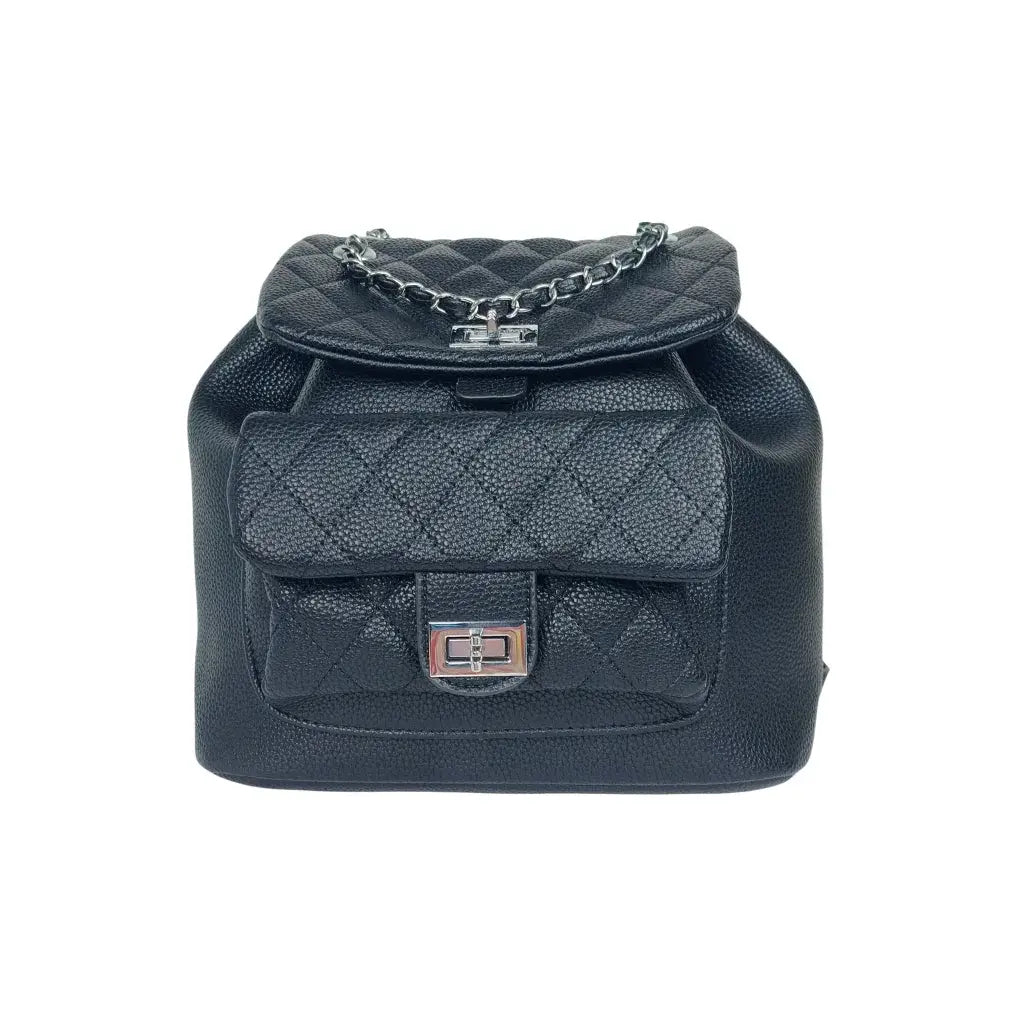 Mochila Negra Acolchada con Detalle de Cadena - cuero negro acolchado