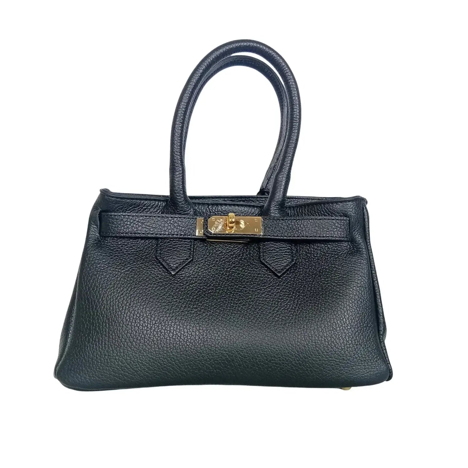 Bolso de mano en piel auténtica con herrajes dorados - bolso negro