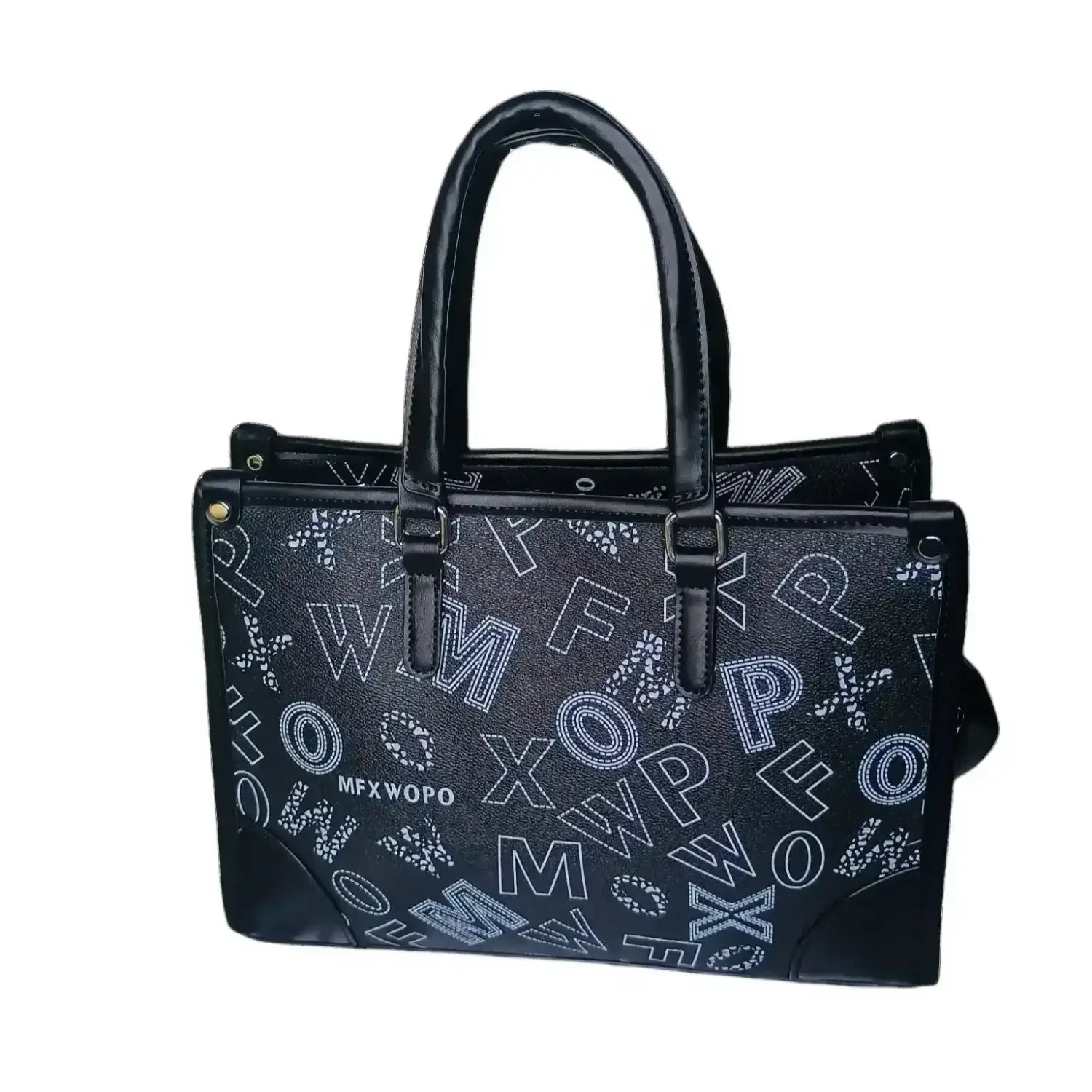 Bolso de mujer negro de diseño con estampado y correa - bolso tote negro