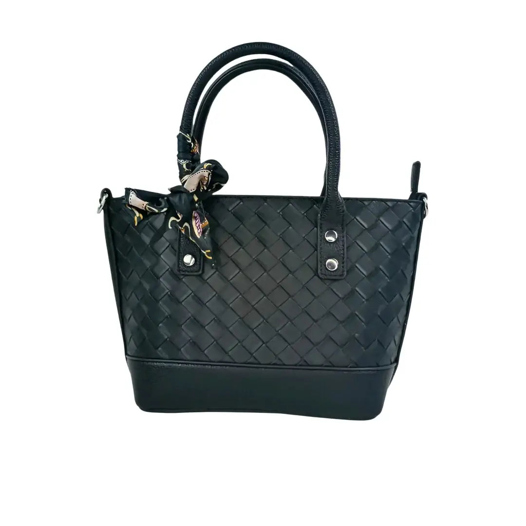 Bolso Shopper de Piel Negra Trenzada con Bufanda - bolso de piel trenzada