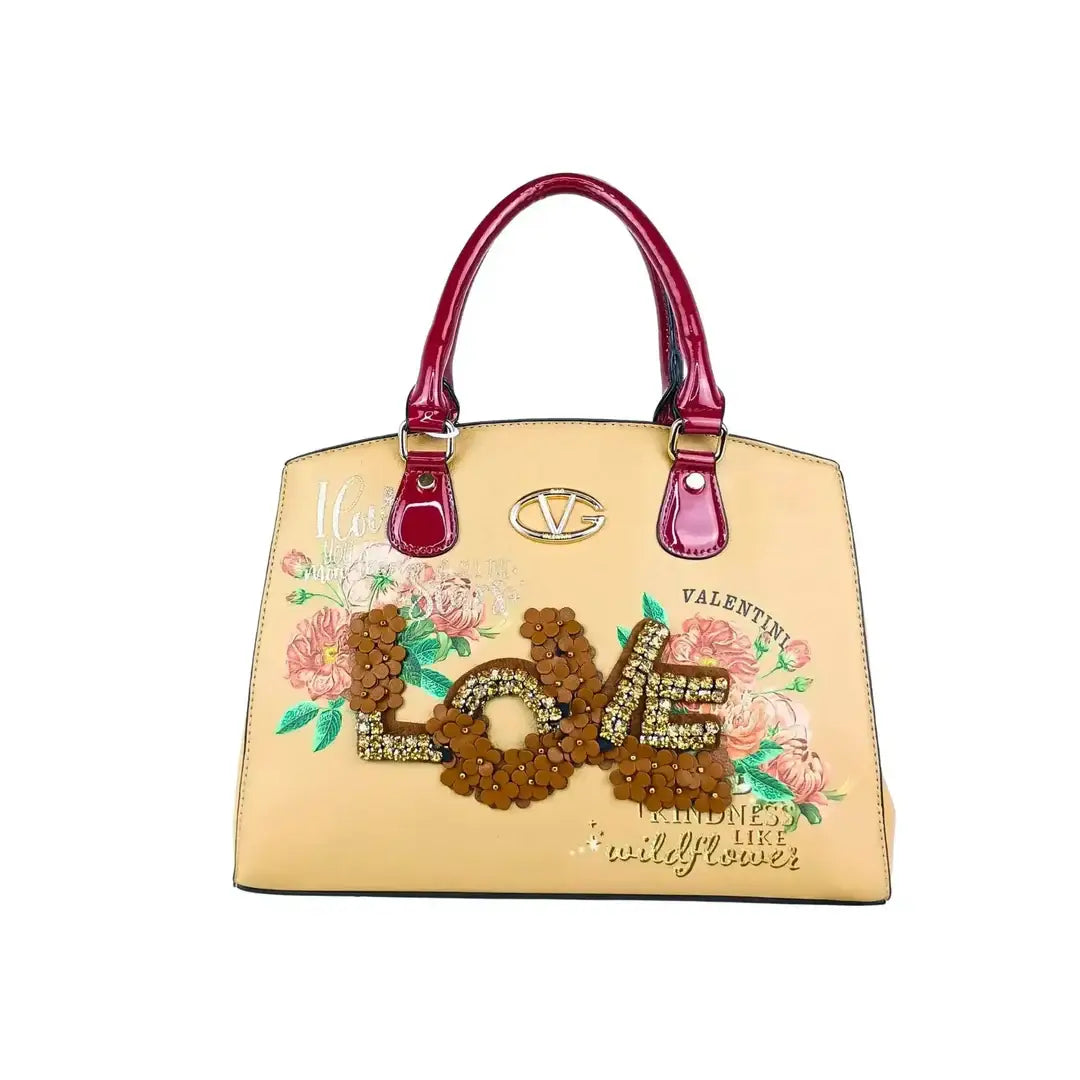Tote tas voor dames met bloemrijk borduurwerk en LOVE tekst in pailletten - beige Valentino tas