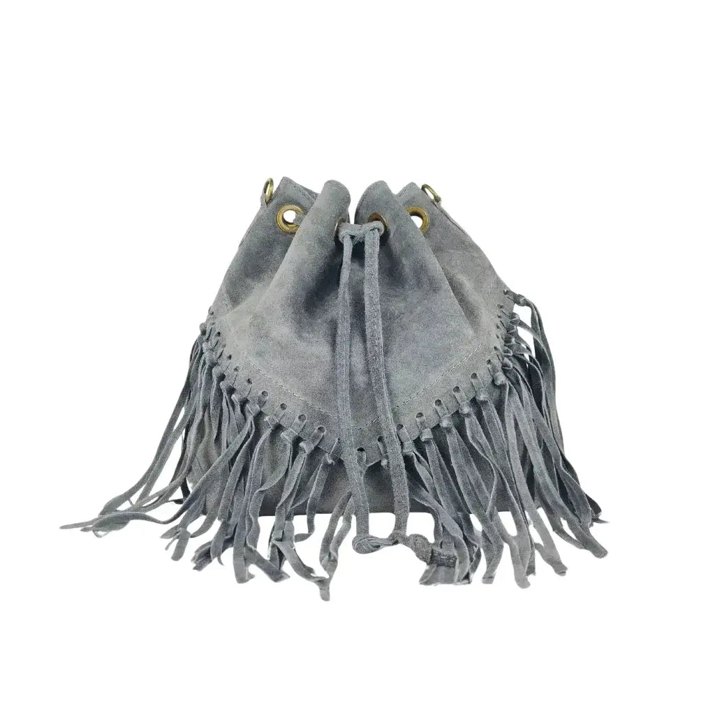 Bolso Saco con Cordón y Flecos de Ante – Gris - Stile Donna Bags