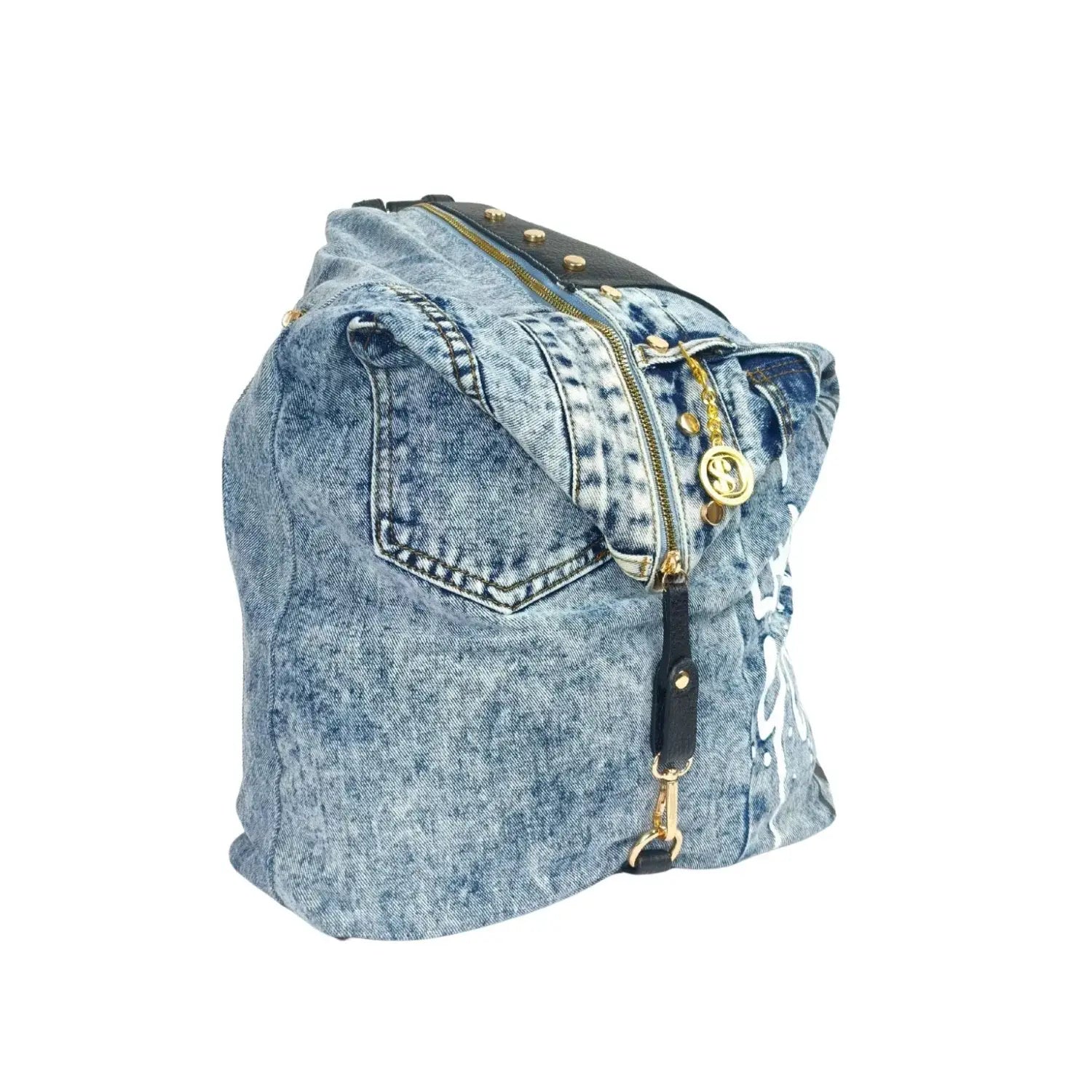 Mochila de mezclilla reciclada y cuero vegano | Bolso urbano de streetwear con graffiti - mochila de mezclilla azul